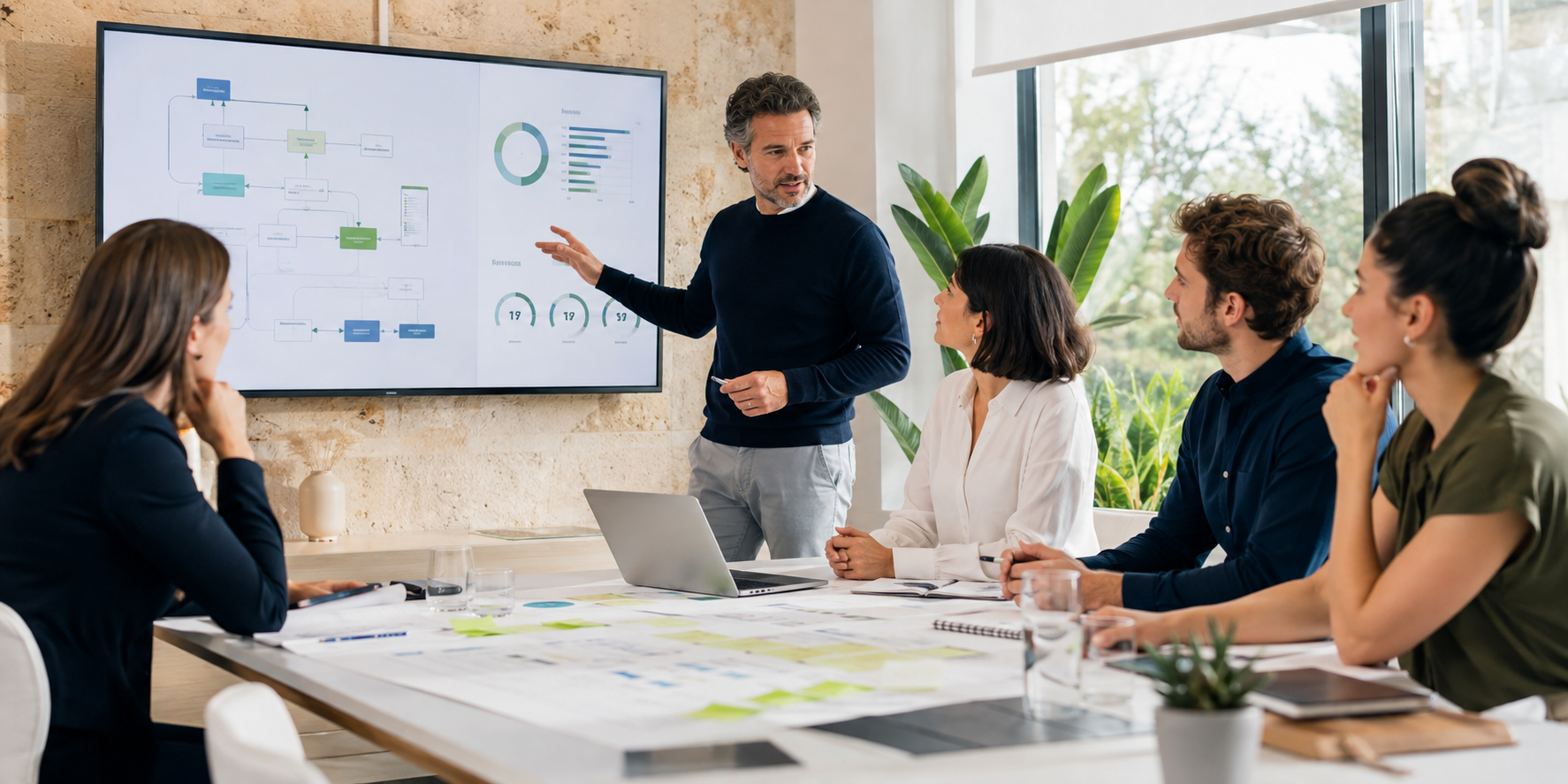 Equipo directivo trabajando con un consultor sobre procesos y métricas